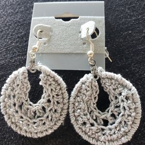 Earrings-Hand crocheted silver thread with metallic flecks.